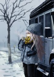 Rule 34 | 1girl, absurdres, bare tree, beanie, black pants, car, closed mouth, coat, cold, commentary request, cowboy shot, cup, expressionless, from side, grey coat, grey hair, grey hat, hand in pocket, hand up, hat, highres, holding, holding cup, long hair, looking ahead, motor vehicle, multicolored coat, original, outdoors, pants, plaid clothes, plaid scarf, scarf, snow, solo, standing, steam, steaming cup, tree, two-tone coat, winter, winter clothes, winter coat, yellow eyes, yellow scarf, yume (user kjuv7837)