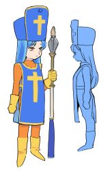 Rule 34 | 1girl, blue hair, blue hat, blue tabard, bodysuit, boots, closed mouth, cross, cross print, dragon quest, dragon quest iii, expressionless, gan2, gloves, hat, highres, holding, holding mace, holding weapon, legs apart, long hair, mace, mitre, multiple views, orange bodysuit, orange eyes, priest (dq3), simple background, standing, tabard, turnaround, weapon, white background, yellow boots, yellow gloves