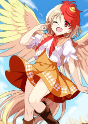 1girl animal animal_on_head baby_animal bird bird_on_head bird_wings blonde_hair blue_sky blush boots brown_boots chick cloud commentary_request dated day dress feathered_wings highres looking_at_viewer mist9801km multicolored_hair niwatari_kutaka on_head one_eye_closed open_mouth orange_dress outdoors red_eyes red_hair short_sleeves sky smile solo touhou two-tone_hair wings yellow_wings