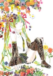 Rule 34 | 1girl, 922pochan, abstract, aqua hair, aqua nails, arm support, bare shoulders, black boots, black skirt, black sleeves, boots, breasts, closed eyes, closed mouth, collared shirt, commentary request, detached sleeves, flower, full body, green hair, green necktie, hair ribbon, hand on own knee, highres, invisible floor, knees up, light blush, long hair, masking tape (medium), miniskirt, mixed media, multicolored hair, necktie, red ribbon, ribbon, shirt, sidelocks, sitting, skirt, sleeveless, sleeveless shirt, small breasts, solo, streaked hair, thigh boots, thighs, traditional media, twintails, unconventional media, very long hair, vocaloid, white background, white shirt