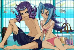 astral_(yu-gi-oh!) bikini black_shorts blue_eyes blue_hair breasts brother_and_sister character_request cleavage collarbone kamishiro_rio kamishiro_ryouga knhrpnkt looking_at_another male_swimwear pink_bikini pool purple_eyes purple_hair shorts siblings sitting smile swim_trunks swimsuit tsukumo_yuma wet yu-gi-oh! yu-gi-oh!_zexal
