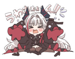 &gt;_&lt; 1girl admiral_zenker_(azur_lane) azur_lane black_dress black_horns black_thighhighs chibi chibi_only crying dress frilled_dress frills hands_up horns mikuchi3939 multicolored_hair open_mouth red_hair red_streaks simple_background sleeves_past_fingers sleeves_past_wrists solo thighhighs white_background white_hair