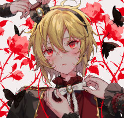 Rule 34 | 3boys, black butterfly, black hairband, black jacket, blonde hair, blush, bug, butterfly, ensemble stars!, flower, hair ornament, hairband, highres, insect, jacket, long sleeves, looking at viewer, male focus, multiple boys, nito nazuna, open clothes, open jacket, open mouth, red eyes, red flower, red rose, red shirt, rose, shirt, short hair, solo focus, thorns, white brooch, yutsumoe