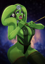 Rule 34 | 1girl, alien, breasts, chain, chain leash, cleavage, collar, colored skin, curvy, forced, green skin, highres, large breasts, leash, lekku (anatomy), leotard, looking at another, navel, nipples, no humans, oola, open mouth, parted lips, purple lips, restrained, revealing clothes, simple background, slave, solo, standing, star wars, thong, thong leotard, tiptoes, tovio rogers, trapped, twi&#039;lek, wide hips