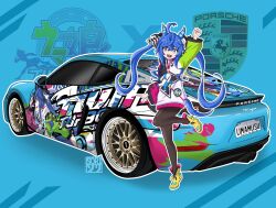 1girl absurdres ahoge animal_ears arm_up artist_logo blue_background blue_eyes blue_hair bodysuit bodysuit_under_clothes boots brown_bodysuit car clenched_hand commission crossed_bangs full_body heterochromia highres hood hoodie horse_ears horse_tail itasha jumping license_plate logo long_hair long_sleeves looking_at_viewer motor_vehicle multicolored_hoodie open_mouth outline porsche porsche_cayman purple_eyes sharp_teeth solo sorithespooky stuffed_animal stuffed_rabbit stuffed_toy tail teeth twin_turbo_(umamusume) twintails umamusume v-shaped_eyebrows white_outline yellow_boots