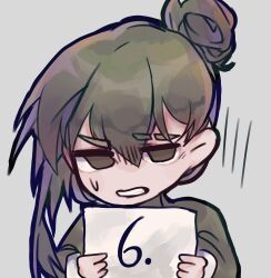 1boy absurdres brown_eyes clenched_teeth eyebrow_cut green_hair green_jacket hair_bun highres holding holding_paper jacket library_of_ruina netzach_(project_moon) paper portrait project_moon senilen233 simple_background single_side_bun solo teeth white_background