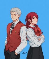 1boy 1girl back-to-back bandaid bandaid_on_face bandaid_on_forehead black_pants black_skirt blue_background bow bowtie closed_mouth collared_shirt commentary cowboy_shot crossed_arms english_commentary gekkoukan_high_school_uniform grey_eyes grey_hair hands_in_pockets highres kirijou_mitsuru long_hair long_sleeves looking_at_viewer neck_ribbon pants persona persona_3 red_bow red_bowtie red_eyes red_hair red_lips red_sweater_vest ribbon sanada_akihiko school_uniform shirt short_hair skirt soc_nau sweater_vest twitter_username white_shirt