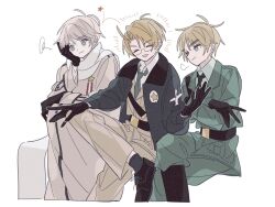 Rule 34 | 3boys, ahoge, america (hetalia), axis powers hetalia, baggy pants, belt, black-framed eyewear, black belt, black boots, black gloves, black jacket, black shoes, black socks, blonde hair, blue eyes, boots, breast pocket, closed eyes, closed mouth, coat, collared shirt, commentary request, crossed arms, crossed legs, empty eyes, fur-trimmed jacket, fur trim, glasses, gloves, green eyes, green jacket, green necktie, green pants, grey hair, hair between eyes, hand on own face, hand on own knee, hand up, jacket, lapels, long sleeves, looking afar, looking at another, male focus, medal, military jacket, military uniform, multiple boys, necktie, notice lines, open clothes, open jacket, open mouth, pants, pocket, puffy long sleeves, puffy sleeves, russia (hetalia), scarf, semi-rimless eyewear, sheer candy, shirt, shoes, short hair, simple background, sitting, smile, socks, squiggle, star (symbol), star ornament, star print, united kingdom (hetalia), v-shaped eyebrows, white background, white coat, white scarf, white shirt, yellow jacket, yellow pants