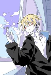1boy androgynous bishounen black_jacket blonde_hair cigarette collared_shirt eyeliner high_school_boy highres hong_iltak jacket makeup male_focus oversized_jacket parkgee red_eyeliner red_eyes sanpaku school_uniform shirt short_hair smoke smoking solo white_shirt window