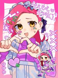 1boy alternate_costume apron blush border chibi chibi_inset crossdressing frilled_apron frills hair_ornament hairclip heart heart_hands highres jacket jojo_no_kimyou_na_bouken long_bangs long_hair long_sleeves looking_at_viewer maid maid_apron maid_headdress male_focus open_mouth pink_background pink_border pink_hair pink_jacket purple_ribbon rerarere00 ribbon shorts smile solo star_sticker sticker_on_face track_jacket translation_request turtleneck turtleneck_jacket unconventional_maid upper_body vento_aureo vinegar_doppio white_apron yellow_eyes