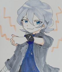 Rule 34 | bandaged arm, bandages, blue eyes, blue shirt, digimon, digimon ghost game, higashimitarai kiyoshiro, highres, jacket, looking at viewer, lpinoniql pig, shirt, short hair, smile, white hair