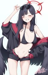 1girl ^_^ bikini black_bikini black_hair black_jacket black_wings blue_archive breasts cleavage closed_eyes commentary_request esto_0079 eyewear_on_head halo highres ichika_(blue_archive) ichika_(swimsuit)_(blue_archive) jacket low_wings medium_breasts navel official_alternate_costume red_halo smile solo standing stomach sunglasses swimsuit wings