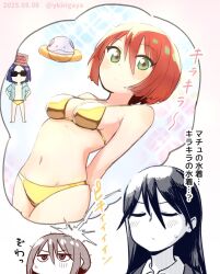 1boy 2girls amate_yuzuriha artist_name bikini breasts commentary_request cowboy_shot dated gold_bikini gold_male_swimwear green_eyes gundam gundam_gquuuuuux haro imagining kirigaya_yuuji male_swimwear medium_breasts monochrome multiple_girls nyaan_(gundam_gquuuuuux) red_hair short_hair shuji_ito sunglasses swim_briefs swimsuit translation_request twitter_username upper_body