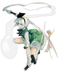 1girl bandaged_hand bandages black_bow black_bowtie black_hairband black_shoes bow bowtie closed_mouth collared_shirt flower frilled_skirt frills full_body green_eyes green_skirt green_vest hairband holding holding_sword holding_weapon konpaku_youmu konpaku_youmu_(ghost) ofuda pink_flower shirt shoes short_hair simple_background skirt sleeves_rolled_up solo sword touhou v-shaped_eyebrows vest weapon white_background white_hair white_shirt xian_qishui