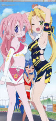 00s 3girls absurdres blonde_hair breasts fang glasses green_eyes highres horiguchi_yukiko izumi_konata jpeg_artifacts kuroi_nanako large_breasts lucky_star megami_magazine midriff multiple_girls navel official_art pink_hair race_track takara_miyuki