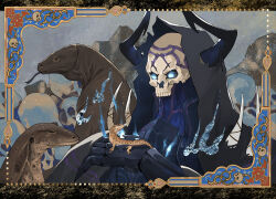 1boy armor black_cloak blue_fire border breastplate cloak dongdi_cangyang fate/grand_order fate_(series) fire flaming_eyes highres hood hooded_cloak horns king_hassan_(fate) lizard male_focus mask ornate_border portrait skull_mask