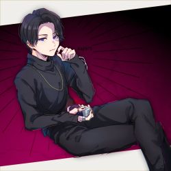 1boy aam09212 adk-em bandai bandai_namco bat_genome black_hair black_nails black_pants black_shirt blue_eyes crossed_legs ear_piercing earrings goth_fashion highres holding ishimori_prod jewelry kagerou_(kamen_rider_revice) kamen_rider kamen_rider_revice magenta_background male_focus nail_polish name_connection necklace outside_border pants piercing pink_background ring shirt short_hair single_earring sitting title toei_company tokusatsu tv_asahi villain_pose