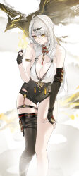 1girl absurdres bird black_bird breasts cleavage commentary fingerless_gloves gloves hair_ornament hairclip hand_on_own_thigh hand_up high-waist_shorts highres large_breasts leaning_forward leo795 long_hair looking_at_viewer mole mole_on_breast parted_lips shorts single_thighhigh solo thigh_gap thighhighs white_background yellow_eyes yi_xuan_(zenless_zone_zero) zenless_zone_zero