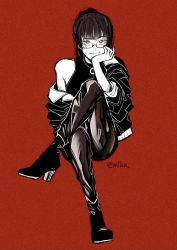 1girl black_hair black_jacket casual closed_mouth fashion glasses highres jacket jujutsu_kaisen long_sleeves looking_at_viewer miba nail_polish pantyhose ponytail red_eyes shorts smile zen&#039;in_maki