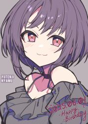 1girl :3 absurdres bang_dream! bang_dream!_it&#039;s_mygo!!!!! black_choker character_name chinese_commentary choker commentary_request dated frilled_shirt frills grey_background grey_shirt happy_birthday highres off-shoulder_shirt off_shoulder purple_hair red_eyes shirt short_hair solo yuutenji_nyamu zhong_xiansheng