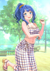 1girl :d arm_under_breasts bench blue_eyes blue_hair blue_nails blue_sky blush breasts cloud collarbone crop_top day high_ponytail highres kousan make_heroine_ga_oo_sugiru! medium_breasts navel open_mouth outdoors park ponytail sandals scrunchie shirt skirt sky smile solo standing standing_on_one_leg stomach striped_clothes striped_shirt striped_skirt tree yanami_anna