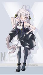 Rule 34 | 1girl, ahoge, alternate costume, alternate hairstyle, armlet, bare shoulders, black dress, black gloves, black shoes, black thighhighs, breasts, cleavage, commentary, dress, english text, full body, girls&#039; frontline, gloves, hair between eyes, hands on own hips, highres, jewelry, long hair, looking at viewer, lotan, open mouth, pkp (girls&#039; frontline), shoes, solo, thighhighs, very long hair, yellow eyes