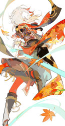 Rule 34 | 1boy, armor, autumn leaves, bandaged hand, bandages, commentary, ezu (e104mjd), facing away, from behind, genshin impact, highres, japanese armor, kaedehara kazuha, leaf, leaf print, male focus, maple leaf, maple leaf print, ponytail, running, shoulder armor, simple background, slicing, sode, solo, symbol-only commentary, white background, white hair