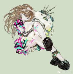 1girl black_shoes brown_hair commentary dress earrings elbow_gloves foot_up full_body gloves goincircles grey_gloves hair_between_eyes hair_ribbon high_heels highres hugging_object jewelry long_hair looking_to_the_side multicolored_dress original pink_dress platform_shoes ponytail ribbon shoe_soles shoes simple_background solo stuffed_animal stuffed_toy white_ribbon
