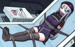 1girl bdsm belt bondage bound breasts feathers feet gag gagged gbeeee girls&#039;_frontline hk416_(girls&#039;_frontline) improvised_gag pleated_skirt restrained rope sex_toy skirt solo strapped_down table tablecloth tape tape_gag taped_hands thighhighs vibrator vibrator_cord zettai_ryouiki
