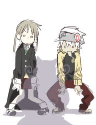 Rule 34 | 1boy, 2girls, black coat, blair (soul eater), brown hair, cat girl, coat, green necktie, headband, highres, jacket, kaomaiyu145038, long coat, maka albarn, medium hair, multicolored jacket, multiple girls, necktie, pants, plaid clothes, plaid skirt, red pants, red skirt, simple background, skirt, soul eater, soul evans, squatting, twintails, two-tone jacket, white background, white hair