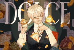 1boy absurdres arurandeisu ascot black_vest cupcake desert food glasses green_jacket grey_hair highres holding holding_food holostars indoors jacket jacket_on_shoulders licking_lips long_sleeves male_focus mandarin_orange_slice pizza pizza_slice pocket_watch print_ascot shirt solo tongue tongue_out ueno_haruya upper_body vest wanted_poster watch white_shirt
