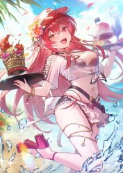 1girl :d apron belt bikini bikini_under_shorts black_belt black_bikini blurry blurry_background bracelet breasts cleavage commentary_request dokuro-kun_(houshou_marine) flower food frayed_shorts frilled_apron frills hair_flower hair_ornament halterneck heterochromia highleg highleg_bikini highres holding holding_tray hololive holonatsu_paradise houshou_marine houshou_marine_(holonatsu_paradise) jewelry large_breasts long_hair looking_at_viewer micro_shorts midriff navel official_alternate_costume official_alternate_hairstyle open_mouth platform_sandals red_bikini red_eyes red_hair sandals see-through_cleavage see-through_clothes see-through_shirt shaved_ice shirt shorts sidelocks smile solo standing standing_on_one_leg swimsuit t-shirt tauta_(meshia8787) teeth thighlet tied_shirt tray upper_teeth_only very_long_hair virtual_youtuber visor_cap waist_apron white_shirt yellow_eyes