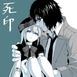1boy 1girl blue_eyes blue_theme carrying coat death_mark doll_joints dress facial_hair glasses goatee hat highres joints long_hair looking_at_another mary_(death_mark) monochrome necktie princess_carry profile rico_(maikubakaa) yashiki_kazuo