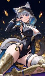 1girl adapted_costume animal_ear_fluff animal_ears armored_boots belt black_gloves black_hood black_leotard blue_eyes boots breasts cat_ears cat_girl cat_tail cipher_(honkai:_star_rail) cleavage clothing_cutout coin commentary fingerless_gloves fingernails gloves grey_hair hand_up helloimtea highres honkai:_star_rail honkai_(series) large_breasts leotard long_fingernails looking_at_viewer mole mole_on_chest nail_polish navel navel_cutout parted_lips short_hair smile solo tail thigh_belt thigh_boots thigh_strap thighs twitter_username yellow_nails