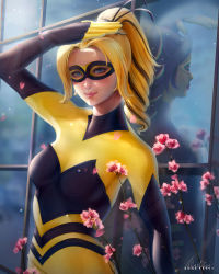 1girl alartriss bee_costume black_bodysuit black_hair black_ribbon blonde_hair blue_eyes bodysuit branch breasts building bust_cup bustier cherry_blossoms chloe_bourgeois city colored_skin costume different_reflection domino_mask flower hair_ribbon hair_tie hairband hand_on_own_head hand_up highres leaning_back mask medibang_paint_(medium) miraculous_ladybug multicolored_hair parted_bangs petals pink_flower pink_lips ponytail portrait queen_bee_(miraculous) queen_bee_(miraculous_ladybug) realistic red_lips reflection ribbon skyscraper solo streaked_hair superhero_costume tight_clothes yellow_bodysuit yellow_skin