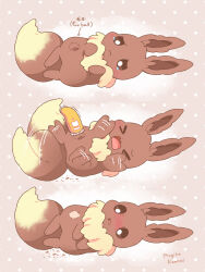 &gt;_&lt; artist_name blush brown_background brown_fur closed_eyes commentary_request eevee flailing furball gen_1_pokemon motion_lines mugita_konomi nintendo no_humans nose_blush open_mouth pokemon pokemon_(creature) polka_dot polka_dot_background razor shaving tears