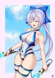 1girl bare_shoulders blue_bow blue_one-piece_swimsuit blue_sky blush bow breasts closed_eyes controller fate/grand_order fate_(series) guriguri_(arayotto4351) hair_bow highleg highleg_one-piece_swimsuit highres large_breasts long_hair one-piece_swimsuit open_mouth ponytail sky smile solo swimsuit thigh_strap thighs tomoe_gozen_(fate) tomoe_gozen_(swimsuit_saber)_(fate) tomoe_gozen_(swimsuit_saber)_(first_ascension)_(fate) two-tone_swimsuit white_hair white_one-piece_swimsuit wristband