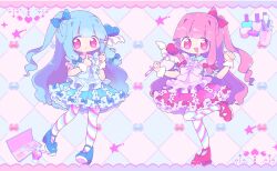 2girls :d blue_bow blue_hair blue_shirt blue_skirt blue_thighhighs blunt_bangs blush bow checkered_background closed_mouth commentary_request full_body hair_bow highres holding holding_wand kotonoha_akane kotonoha_aoi lipstick long_hair looking_at_viewer makeup multicolored_thighhighs multiple_girls nekomo_(yumenkmc) one_side_up open_mouth pink_eyes pink_hair pink_shirt pink_skirt pink_thighhighs red_bow red_shoes shirt shoes short_sleeves siblings sidelocks sisters skirt smile standing standing_on_one_leg striped_clothes striped_thighhighs thighhighs voiceroid wand yellow_thighhighs