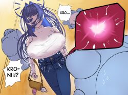 1girl aftersex black_hair breasts clothes covered_erect_nipples english_text female_focus hololive hololive_english huge_breasts impregnation looking_at_viewer netorare ouro_kronii ovum solo solo_focus speech_bubble stray_pubic_hair virtual_youtuber yaboi77777