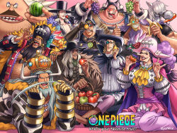 1girl 6+boys animal apple avalo_pizarro banana basket beard belly black_hair blonde_hair blouse cape carrot catarina_devon cherry cigar closed_mouth coat collared_cape colored_skin copyright_name crown dark-skinned_male dark_skin doc_q facial_hair fat fat_man flower food fruit gauntlets gem giant giant_male grapes grey_hair grin hand_up hands_up hat head_rest high_collar highres holding holding_food holding_fruit holding_watermelon horns horse jesus_burgess jewelry kiwi_(fruit) lafitte_(one_piece) lemon light_smile lipstick long_hair long_nose long_sleeves looking_at_viewer lying makeup marshall_d._teach mask missing_tooth multiple_boys mustache neck_piercing necklace obese on_stomach one_piece open_clothes open_coat open_mouth orange_(fruit) pants pearl_(gemstone) pearl_necklace pectorals piercing pirate pirate_hat purple_hair red_flower red_rose red_skin ring rose sanjuan_wolf shirt shiryuu_(one_piece) sitting size_difference skull_and_crossbones smile smoke smoking strawberry stronger_(one_piece) tan thumbs_up tongue tongue_out top_hat twitter_username v-shaped_eyebrows van_augur vasco_shot very_long_hair watermelon youkan_(tako)