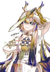 1girl absurdres arknights arm_up bare_shoulders bead_necklace beads breasts brooch closed_mouth collarbone dr0p50und dragon_girl dragon_horns dragon_tail earrings eastern_dragon_horns green_eyes hair_between_eyes highres horns jewelry looking_at_viewer medium_breasts necklace pointy_ears shirt shu_(arknights) simple_background smile solo strapless strapless_shirt sweat tail tassel tassel_earrings white_background white_hair