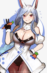 1girl animal_ear_fluff animal_ears apron bare_shoulders black_gloves black_leotard black_pantyhose blue_hair blush braid breasts carrot chocojax cleavage commentary cosplay detached_sleeves don-chan_(usada_pekora) dress english_text fur-trimmed_dress fur-trimmed_gloves fur_trim gloves highres hololive large_breasts leotard leotard_under_clothes light_blue_hair long_hair long_sleeves looking_at_viewer mature_female pantyhose pekomama rabbit_ears rabbit_girl red_eyes see-through_cleavage see-through_clothes smile solo thick_eyebrows usada_pekora usada_pekora_(1st_costume) usada_pekora_(cosplay) virtual_youtuber white_apron white_dress white_hair white_sleeves