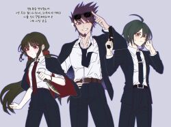 1girl 2boys ;d ahoge alternate_costume belt black_jacket black_pants breast_pocket brown_belt brown_hair collarbone collared_shirt cowboy_shot danganronpa_(series) danganronpa_v3:_killing_harmony facial_hair goatee grin gun harukawa_maki holding holding_gun holding_weapon jacket jjigjjikk low_twintails momota_kaito multiple_boys necktie one_eye_closed open_clothes open_jacket open_mouth pants pocket red_jacket red_necktie red_scrunchie saihara_shuichi scrunchie shirt shirt_tucked_in simple_background smile sunglasses sweatdrop teeth translation_request twintails two-sided_fabric two-sided_jacket weapon white_shirt