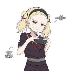 1girl blonde_hair borrowed_character cellphone forehead hairband harsha_(eisu) highres medium_hair original phone plap pleated_skirt purple_eyes school_uniform serafuku simple_background skirt smartphone thick_eyebrows twintails white_background zlix0n