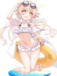 1girl :d arm_up barefoot bikini blonde_hair blue_archive blush collarbone commentary_request detached_sleeves eyewear_on_head frilled_bikini frills hair_ribbon halo hifumi_(blue_archive) hifumi_(swimsuit)_(blue_archive) highres innertube long_hair looking_at_viewer low_twintails navel official_alternate_costume open_mouth ribbon ribbon-trimmed_bikini ribbon_trim round_eyewear simple_background smile solo sunglasses swim_ring swimsuit tsugaru_(enoken) twintails white_background white_bikini white_ribbon white_sleeves yellow_eyes yellow_halo