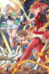 1boy 2girls absurdres blonde_hair breasts brown_eyes brown_hair cleavage dual_wielding fire group_picture highres holding holding_sword holding_weapon kenichiart large_breasts multiple_girls mythra_(xenoblade) pyra_(xenoblade) red_eyes red_hair red_shorts red_thighhighs rex_(xenoblade) shorts sword thighhighs tiara weapon xenoblade_chronicles_(series) xenoblade_chronicles_2 yellow_eyes