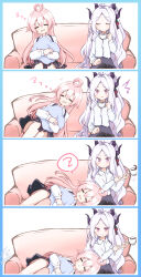 4koma :d absurdres ahoge blue_archive coffee coffee_mug collared_shirt comic commentary_request couch cup demon_girl demon_horns drooling forehead hair_between_eyes halo highres hina_(blue_archive) holding holding_cup horns hoshino_(blue_archive) hugging_object long_hair long_sleeves looking_at_another lying_on_lap mug nervous_sweating on_couch open_mouth parted_bangs pencil_skirt pillow pillow_hug pink_hair plaid_clothes plaid_skirt pleated_skirt purple_eyes school_uniform shirt sidelocks silent_comic simple_background sitting skirt sleeping sleeping_on_person smile surprised sweat usetsusakon2 wavy_hair white_hair white_shirt zzz