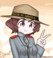 1girl :3 akiyama_yukari blush brown_eyes brown_hair buttons epaulettes fluffy_hair girls_und_panzer grey_shirt hat highres long_sleeves military military_uniform rayadillo shirt short_hair star_(symbol) straw_hat string tanuki_kobayashi v