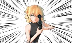1girl absurdres aiming aiming_at_viewer black_shirt blonde_hair breasts closed_eyes emphasis_lines fixer_(xfsl45hm4u5wkw4) gun half_updo highres holding holding_gun holding_weapon medium_breasts mizuhashi_parsee open_mouth pointy_ears ponytail rifle shirt short_hair short_ponytail simple_background sleeveless sleeveless_shirt smile solo touhou upper_body weapon white_background