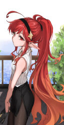 1girl absurdres ahoge black_hairband black_skirt black_thighhighs breasts dungeon_and_fighter earrings female_mage_(dungeon_and_fighter) hairband highres jewelry long_hair looking_at_viewer outdoors pencil_skirt pointy_ears ponytail red_eyes red_hair roan_green shirt skirt sleeveless sleeveless_shirt small_breasts solo thighhighs white_shirt